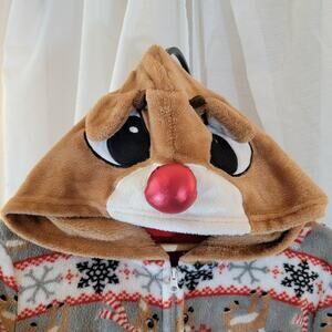 Rudolph Kids Hooded One-Piece Christmas Outfit Size L Fleece Antlers Red Nose